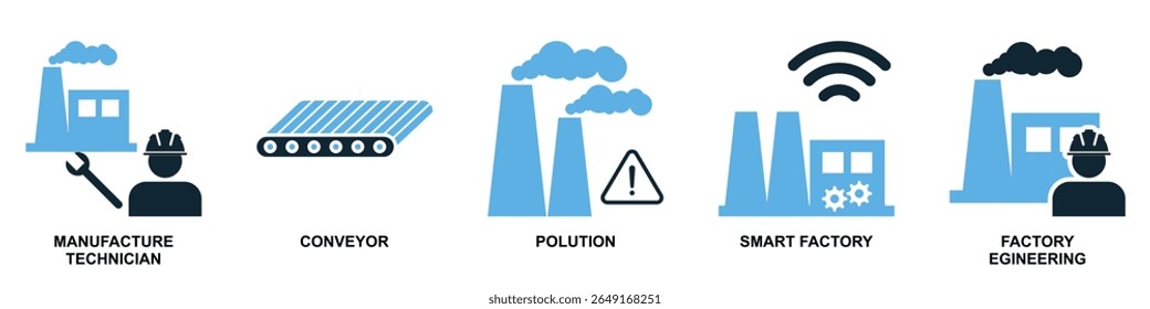 Set of factory icon vector, offering diverse industrial symbols for various manufacturing themes. Ideal for comprehensive representations of production, industry, and industrial parks.