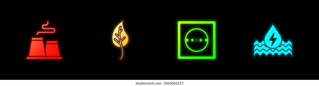 Set Factory, Leaf leaves, Electrical outlet and Water energy icon. Vector