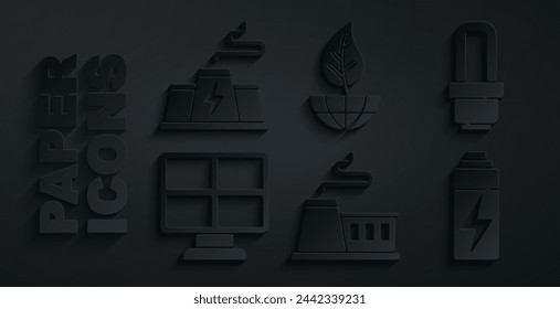 Set Factory, LED light bulb, Solar energy panel, Battery, Earth globe and leaf and Power station plant factory icon. Vector