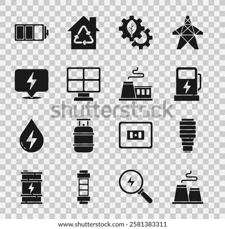 Set Factory, LED light bulb, Electric car charging station, Leaf plant gear machine, Solar energy panel, Lightning bolt, Battery and  icon. Vector