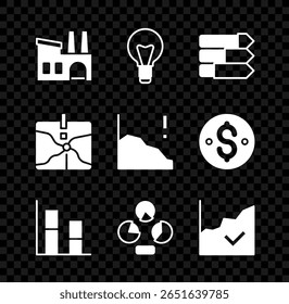Definir fábrica, lâmpada, gráfico de pizza infográfico, gráfico, gráfico, diagrama, aumento do crescimento financeiro, ponto de interseção e ícone de diminuição. Vetor