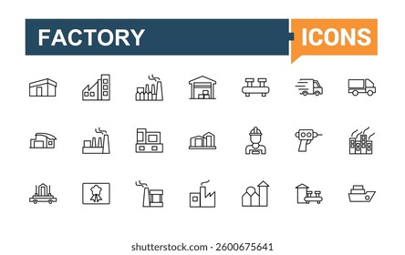 Set of Factory line icon. Minimalist editable vector stroke. Industrial factory icon. Vector illustration. Contain linear sign process, machine, conveyor, warehouse, manufacturing and more. 
