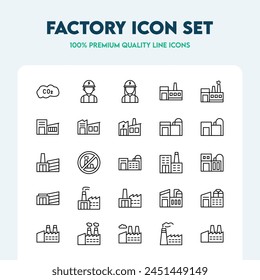 Set of factory line icons. It contains icons such as Industry, Power CO2, Warehouse, and more. Premium quality icon collection.