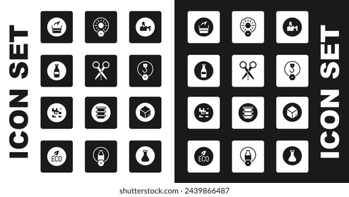 Set Fabrikproduktion, Schere mit Schnittlinie, Flasche, Handwaschwäsche, Industriehaken, Kein direktes Sonnenlicht, Kartonkarton und QR-Code-Symbol. Vektor