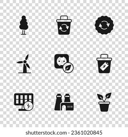 Set Factory production, Trash can, Plant in pot, Electrical outlet, Recycle symbol, Tree, bin and Wind turbine icon. Vector