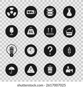 Set Factory production, Wheat, Hand wash laundry, Bowl, Weight, Fragile broken glass, Radioactive and Temperature icon. Vector - Powered by Shutterstock - Get 15% off with code: PIKWIZARD15