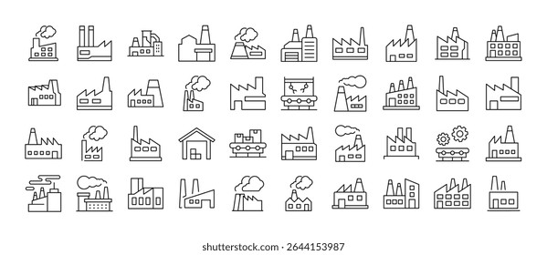 Conjunto de ícones de linha relacionados à fábrica. Outline Signs para Gráficos e Web Design, Apps, Anúncios, Vários Cartões 