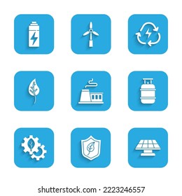 Set Factory, Shield con hoja, panel de energía solar, tanque de gas propano, Planta de hojas en la máquina de engranajes, hojas, Reciclaje de baterías e icono. Vector