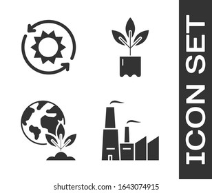 Set Factory, Solar energy panel, Earth globe and plant and Plant in bottle icon. Vector