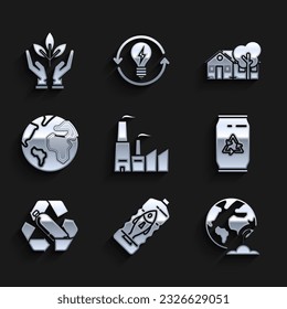 Set Factory, Stop ocean plastic pollution, Earth globe and plant, Can with recycle symbol can, Recycling bottle, Eco friendly house and Plant hand of environmental protection icon. Vector