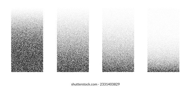 Set of fading rectangular gradients. Black dotted texture element collection. Stippled shade object pack. Noise grain dotwork shapes. Halftone effect illustrations bundle. Vector illustration