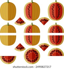 Set of Faerie watermelon. Citrullus lanatus. Fruits and vegetables. Flat style. Isolated vector illustration.