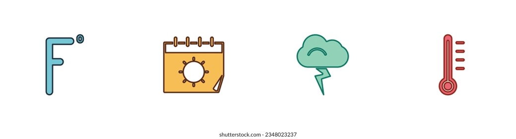 Set Fahrenheit, Calendar and sun, Storm and Meteorology thermometer icon. Vector