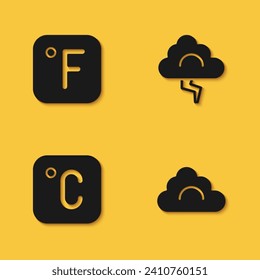 Set Fahrenheit, Cloud, Celsius and and lightning icon with long shadow. Vector