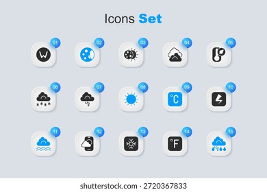 Fahrenheit, Wolke und Blitz, Mondphasen, Nebelwolke, Blitzschlag, Kompass nach Norden und Sonnensymbol. Vektorgrafik
