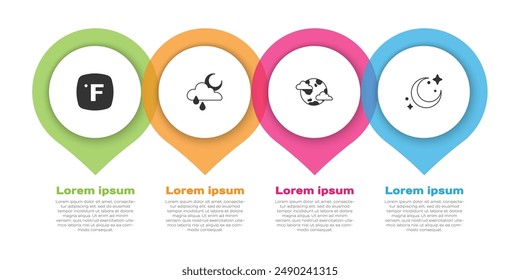 Set Fahrenheit, Cloud with rain and moon, Earth planet clouds and Moon stars. Business infographic template. Vector