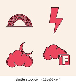 Set Fahrenheit and cloud, Rainbow with clouds, Lightning bolt and Cloud with moon and stars icon. Vector