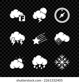 Set Fahrenheit and cloud, Storm, Wind rose, Sun weather, Cloud with rain, Snowflake,  and Falling star icon. Vector