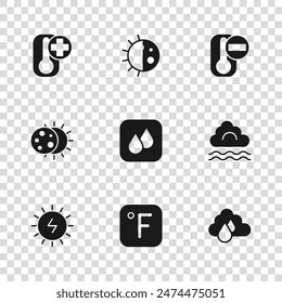 Set Fahrenheit, Fog and cloud, Cloud with rain, Water drop, Thermometer, Day night cycle and Eclipse of the sun icon. Vector