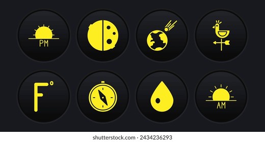 Set Fahrenheit, Rooster weather vane, Compass, Water drop, Comet falling down fast, Eclipse of sun, Sunrise and Sunset icon. Vector