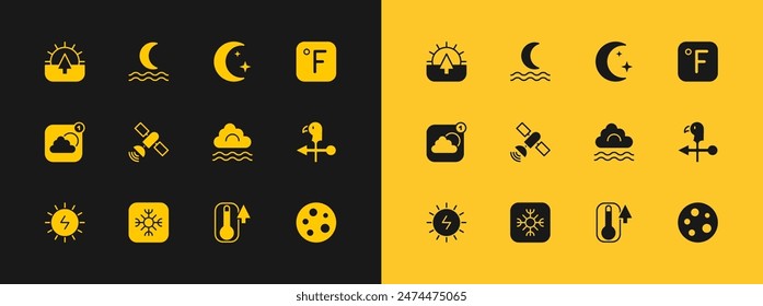 Set Fahrenheit, Snowflake, Fog and cloud, Thermometer, Satellite, Moon stars, Sunrise and Night fog or smoke icon. Vector