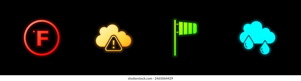 Establecer Fahrenheit, advertencia de tormenta, veleta de viento de soplo cónico y nube con icono de lluvia. Vector