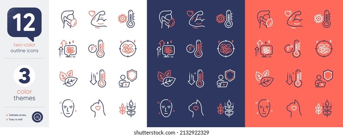 Conjunto de termómetro Fahrenheit, crecimiento del estrés e iconos de la línea de la piel de Salud. Incluya el brazo fuerte, el escudo, los iconos de la máscara médica. Prueba orgánica, cuidado de mascotas, elementos web de bajo termómetro. Estrés. Vector