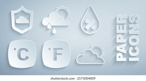 Set Fahrenheit, Water drop percentage, Celsius, Sun and cloud weather, Cloud with rain sun and Weather forecast icon. Vector