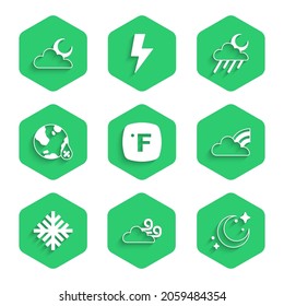 Set Fahrenheit, Windy weather, Moon and stars, Rainbow with clouds, Snowflake, Water drop percentage, Cloud rain moon and  icon. Vector