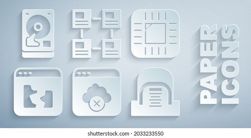 Setzen Sie das Symbol für den Zugriff auf Cloud-Speicher, Prozessor mit CPU, gebrochene Datei, Hangar-Server, Hierarchy-Organogramm-Diagramm und Festplattenlaufwerk ein. Vektorgrafik