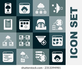 Set Failed access cloud storage, Different files, Network connection, Cloud technology data transfer, Loading window, Server, Data report,  and Hangar with servers icon. Vector