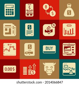 Set Failure stocks market, Trading courses, Pie chart infographic, Cryptocurrency exchange, Business finance report, Stock news, Calculator and Mobile trading icon. Vector