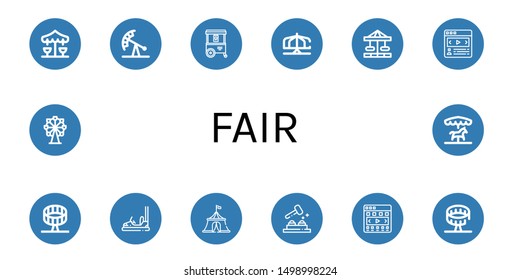 Set of fair icons such as Merry go round, Pendulum ride, Ice cream cart, Carousel, Round up ride, Bumper car, Circus tent, Whack a mole, Ferris wheel , fair