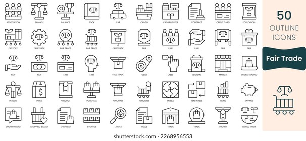 Conjunto de íconos del comercio justo. Iconos de estilo lineal delgado Empaquetar. Ilustración vectorial