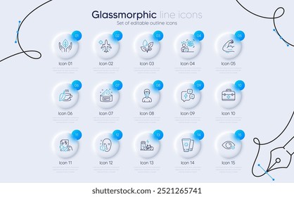 Set of Fair trade, Medical mask and Skin cream line icons for web app. Plants watering, Difficult stress, Prescription drugs icons. Myopia, Strong arm, Electric bike signs. Vector