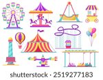 Set of fairground attractions in flat cartoon design. A colorful illustration depicting an assortment of amusement park rides. Vector illustration.