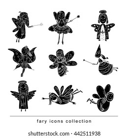 Set of fairies and angels. vector illustration.black