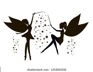 Set of Fairies black silhouette with a magic wand and stars. Vector illustration of beauty Fairy with a magic wand isolated on white background. Set of black Stencil fairies. 