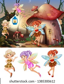 set of fairies in wood scene illustration