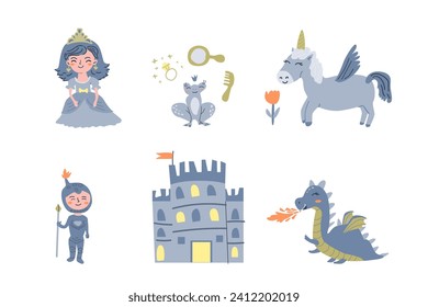 set of fairy cartoon characters princess, knight, animals. Vector illustration isolated. Can used for kids print, pattern, background, wallpaper. 