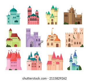 A set of fairy castles for princesses in the flat style.