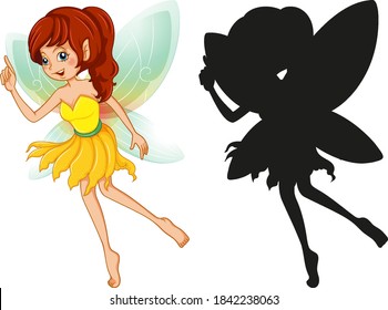 Set of fairy characters and its silhouette on white background illustration