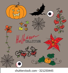 Set of fairy colored halloween icons - pumpkin, bat, spiderweb and other. Vector illustration.