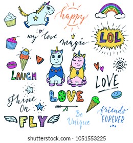 Set of fairy creations, unicorns, cute sweet food, rainbow with lettering phrases.