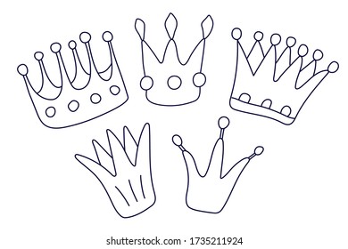 Set of  fairy crowns for princess, queens and king in doodle style. Hand drawn vector illustration in black ink isolated on white background.  Great for coloring book.
