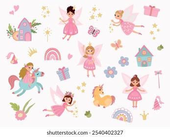 Set of fairy. Cute hand-drawn fairies. White background, isolate