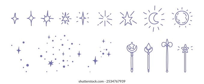 Conjunto de elementos de fadas, pó mágico, estrelas e varinhas em estilo de doodle infantil desenhado à mão