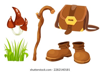 Set fairy forest with pair brown leather walking boots, grass, wooden stick, magic bag and mushrooms in cartoon style isolated on white background. Game element