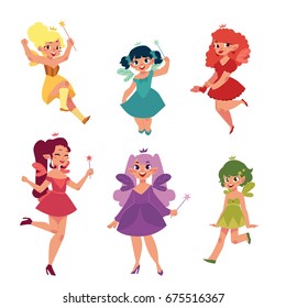 Set of fairy girls in colorful dresses with wings and wands, cartoon vector illustration isolated on white background. Happy, smiling fairy girls flying and standing in colorful dresses, holding wands