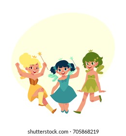 Set of fairy girls in colorful dresses with wings and wands, cartoon vector illustration with bubble speech. Happy, smiling fairy girls flying and standing in colorful dresses, holding wands